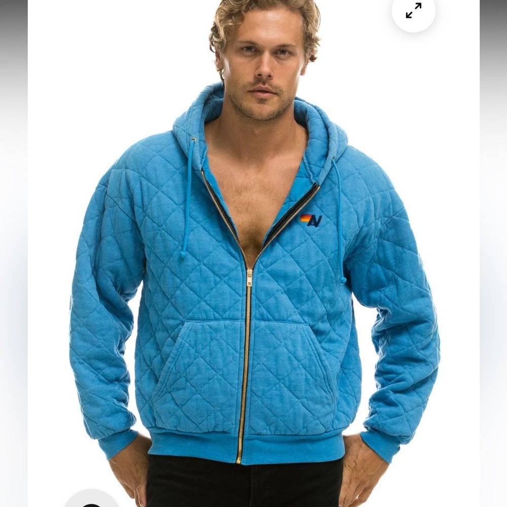 Aviator Nation Quilted Zip Hoodie Relaxed Ocean Blue Unisex Large - Picture 16 of 16